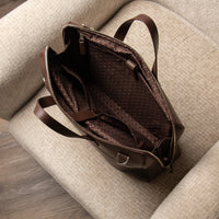 Top view of open brown Anibal Briefcase by Danilos in premium leather