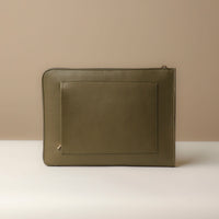 Back view of olive Mathias Document Leather executive folder with multi-functional pockets