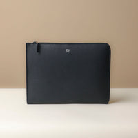 Front view of blue Mathias Document Leather executive folder with multi-functional pockets