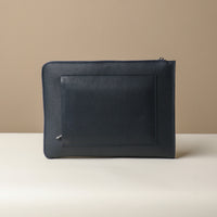 Back view of blue Mathias Document Leather executive folder with multi-functional pockets