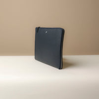 Side view of blue Mathias Document Leather executive folder with multi-functional pockets