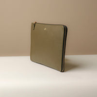 Side view of olive Mathias Document Leather executive folder with multi-functional pockets