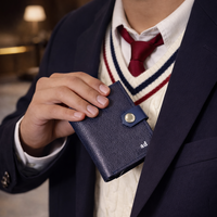 Person holding a blue wallet with a blurred background