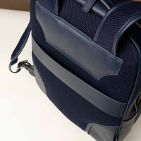 Close up view of blue Evans Backpack by Danilos in premium leather