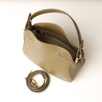 Top view of open olive Hold Bag by Danilos in smooth leather
