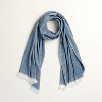 Blue scarf with white trim on a light gray background