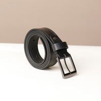 A black smooth leather belt with a metal buckle, displayed against a neutral background.