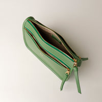 Green leather wallet with gold zipper on a light gray background