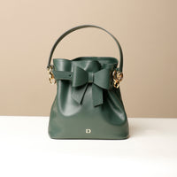Front view of green Premium leather Sandy Bag with shoulder strap