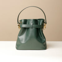 Back view of of green Premium leather Sandy Bag with shoulder strap