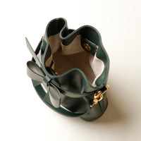 Open with visible interior of green Premium leather Sandy Bag with shoulder strap