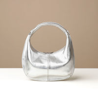 Back view of silver Soft Rounded Bag crescent leather top-handle handbag