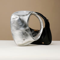 Two Soft Rounded Bag crescent leather top-handle handbag, Silver and Black