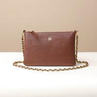 Front view of Pouch Isabella in Pebble Leather with handle and strap