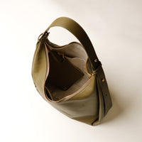 Open interior of olive Mia Minimale Sr. handcrafted luxury leather hobo bag
