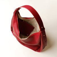 Open interior of red Mia Minimale Sr. handcrafted luxury leather hobo bag
