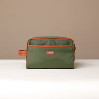 Front View of Green and Orange Fabricio leather toiletry bag with roomy interior and organized compartments, perfect for travel or everyday storage of essentials
