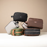 A collection of Fabricio leather toiletry bag with roomy interior and organized compartments, perfect for travel or everyday storage of essentials