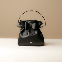 Front view of black Premium leather Sandy Bag with shoulder strap
