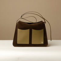 Front View of Olive Suede Penelope Sr. bag in Brown with fold-over magnetic closure