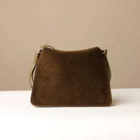 Back view of Olive Suede Penelope Sr. bag in Brown with fold-over magnetic closure
