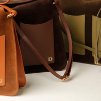 Three Suede Penelope Sr. bag in Brown with fold-over magnetic closure