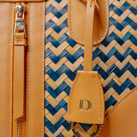 Close up view of Luxury Eva Sofia Bag with leather trim, natural fiber weave, and adjustable shoulder strap