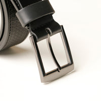 Close‑up of stitch pattern texture on black leather belt