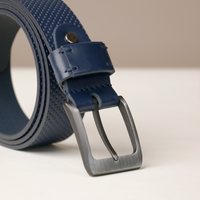 Blue belt with a silver buckle on a light background