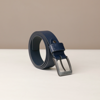 Blue belt with a silver buckle on a beige background
