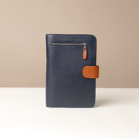 Globetrotters Document Holder navy blue with tan, front view
