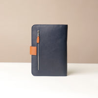Globetrotters Document Holder navy blue with tan, with silver hardware, back view

