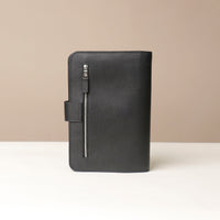Globetrotters Document Holder black with silver hardware, back view
