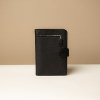 Globetrotters Document Holder black pebbled leather with silver hardware, front view