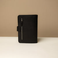 Globetrotters Document Holder black pebbled leather with silver hardware, back view
