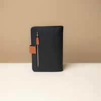 Globetrotters Document Holder navy blue and tan pebbled leather, back side view
