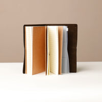 Open Terra concept notebook with premium leather cover and refillable pages, perfect for journaling, sketching, travel memories, or creative ideas.