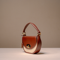 A small brown leather handbag with a curved top handle, gold-tone hardware, and a cream woven lower panel, photographed on a light surface against a warm taupe background.