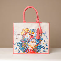 Front view of pink Mercatto Tote Bag with double leather handles and woven detail