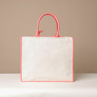 Back view of pink Mercatto Tote Bag with double leather handles and woven detail