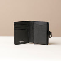 Open Black RFID card case showing aluminum pop-up holder and additional card slots