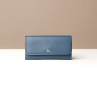 Three Elise Wallets in black, brown, and blue colors, displayed in an overlapped fashion on a light background.