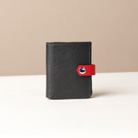 Front view of Black with Red RFID Card Case with Snap Closure in black leather