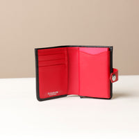 Open Black with Red RFID card case showing aluminum pop-up holder and additional card slots