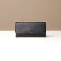 Three Elise Wallets in black, brown, and blue colors, displayed in an overlapped fashion on a light background.