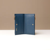 Open blue wallet on a neutral background