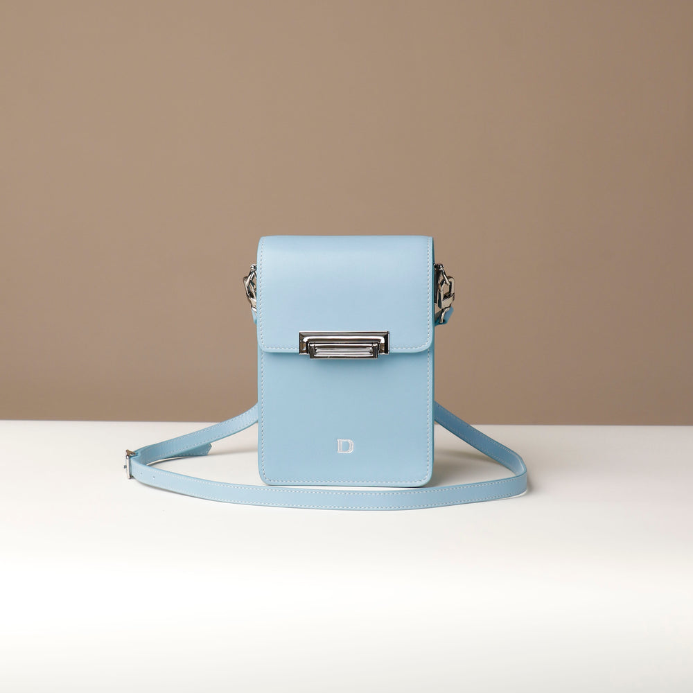 Front view of light blue Danilos Multi-Smartphone Clariss Bag leather crossbody