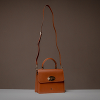 Brown Nelda Bag elegant leather handbag with detachable shoulder strap on a gray background