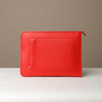 Back view of red Mathias Document Leather executive folder with multi-functional pockets
