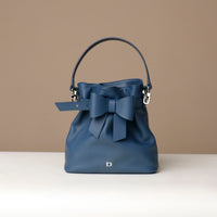 Front view of blue Premium leather Sandy Bag with shoulder strap